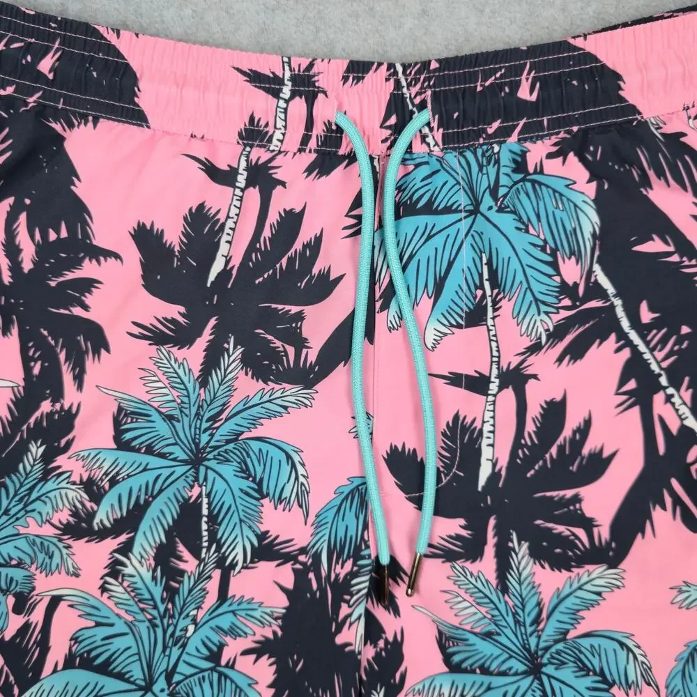SURFCUZ Mens Medium Pink Swim Trunks Black Blue Palm Tree Pattern Drawstring